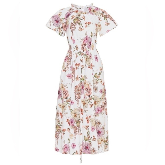 ADAM LIPPES Floral Short Sleeve Ruffle Trim Cinch Tie Waist Shirred Maxi Dress 4 - Picture 5 of 6